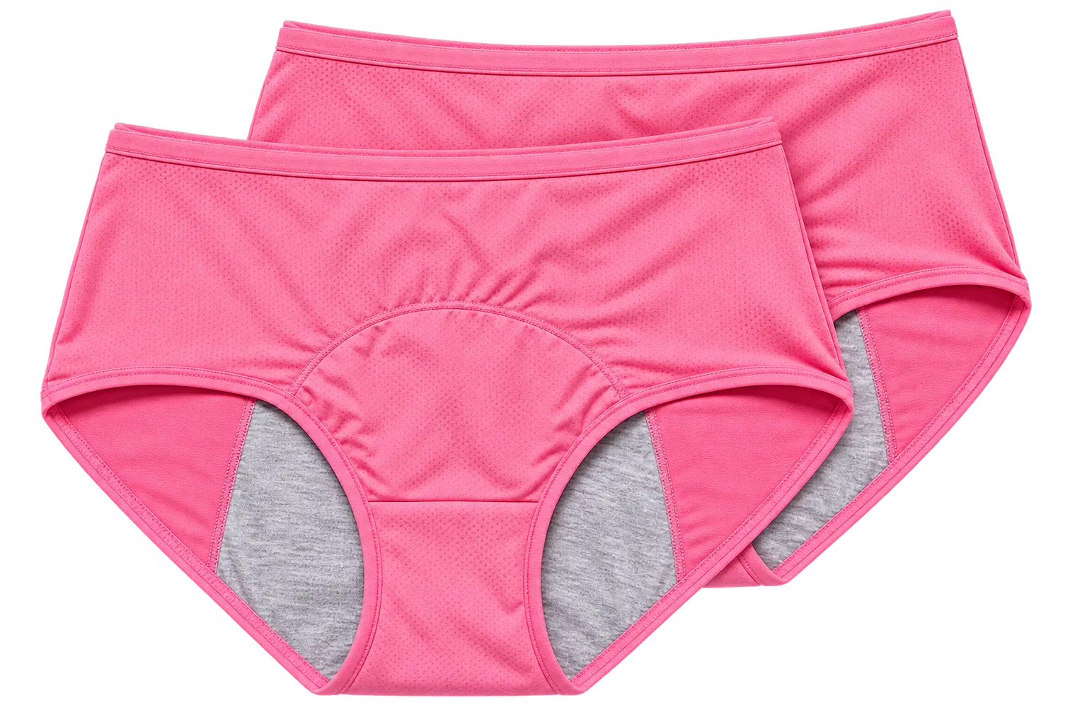 Two pairs of DryGuard leak-proof incontinence underwear for women in blush pink, showing the absorbent grey gusset